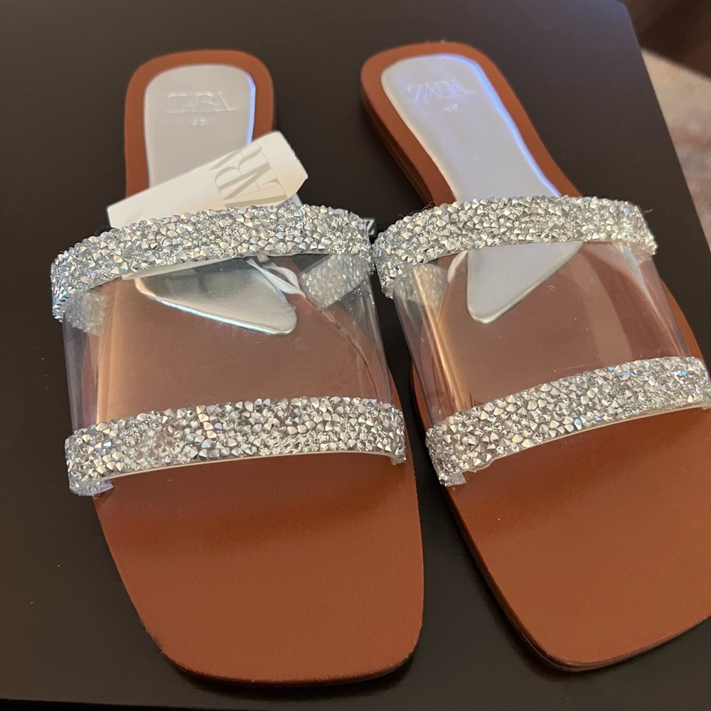 Zara RHINESTONE FLAT VINYL SANDALS